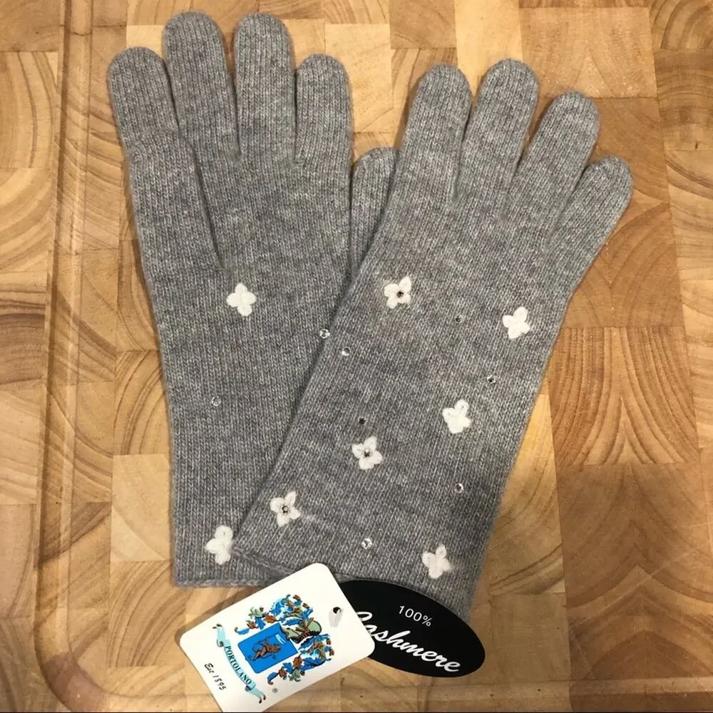 NWT Cashmere Gloves with Crystals + Flowers in Light Grey Ladies 10